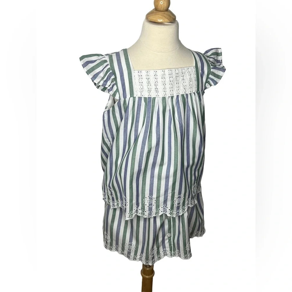 Sergeant major girls striped skirt top outfit blue green eyelet sz 9 134cm